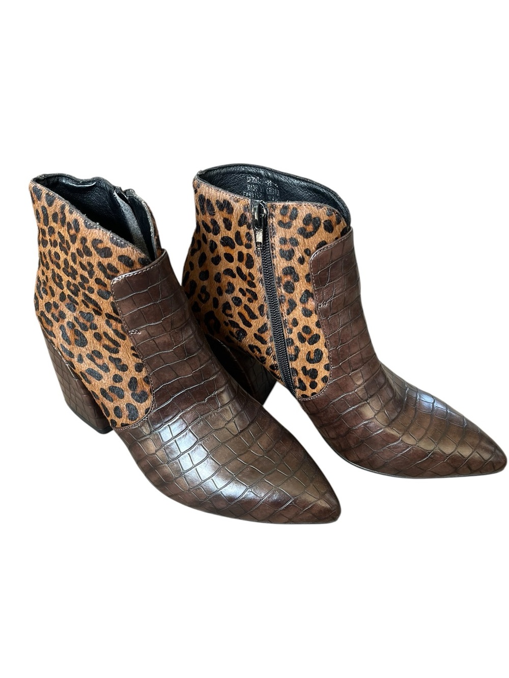 Jeffrey Campbell Leopard Calf Hair Croc Embossed Leather Ankle Booties Size 8